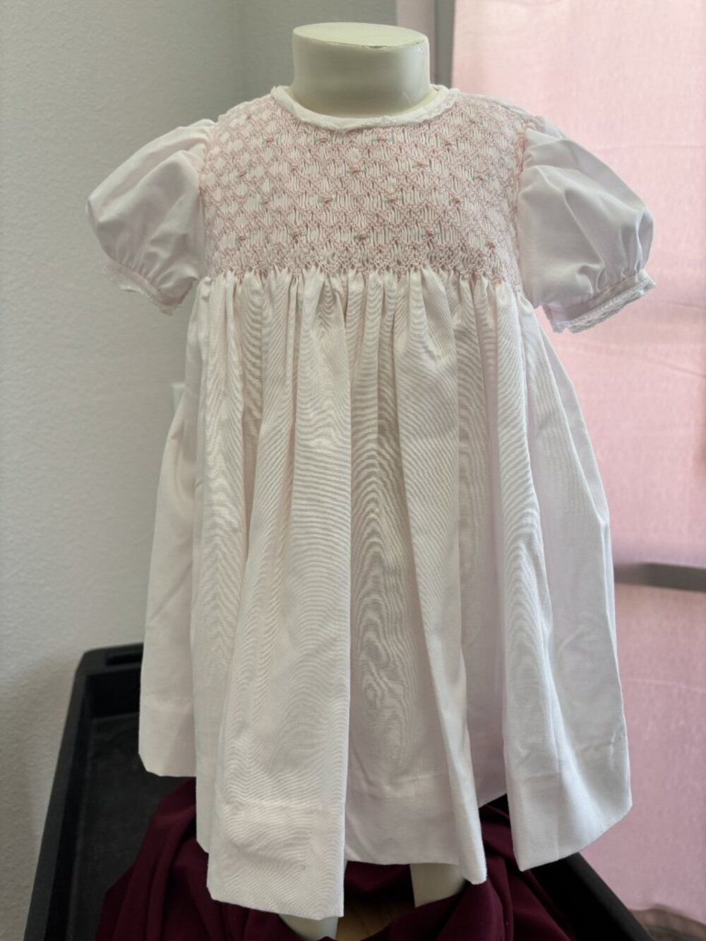Petit Ami 9M Hand Smocked Baby Dress Pink White Heirloom Puff Sleeve